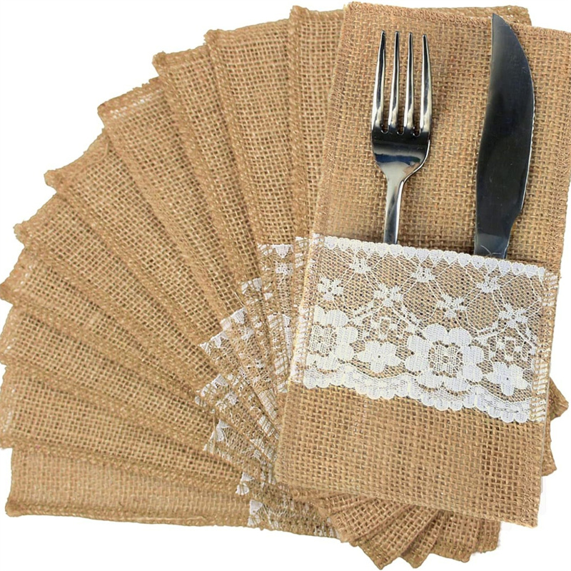 Wedding Supply Rentals - Çuval bezi dantel çatal bıçak çantası,