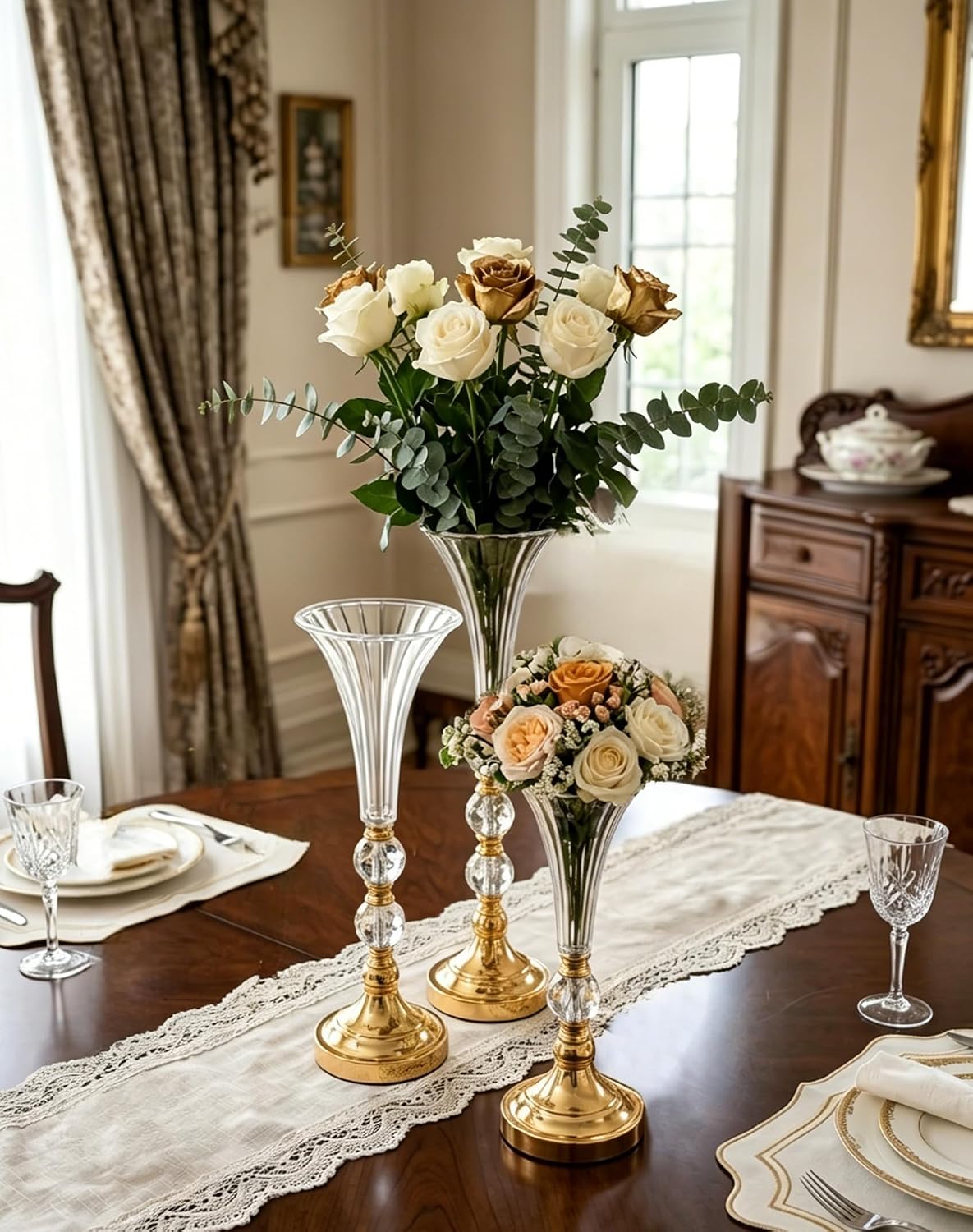 Centerpiece Vase Tall - 3'lü Set Altın Akrilik Trompet Vazolar